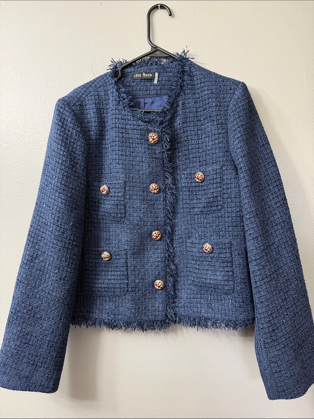 Love Token Lydia Navy Tweed Frayed Hem Jacket - Women's XL